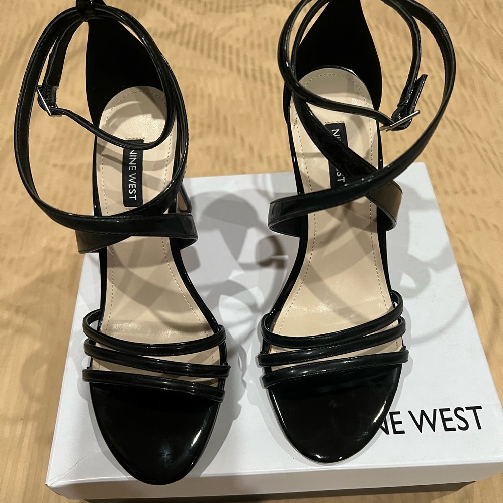 Nine West Black Patent Strappy Ankle Wrap Heels